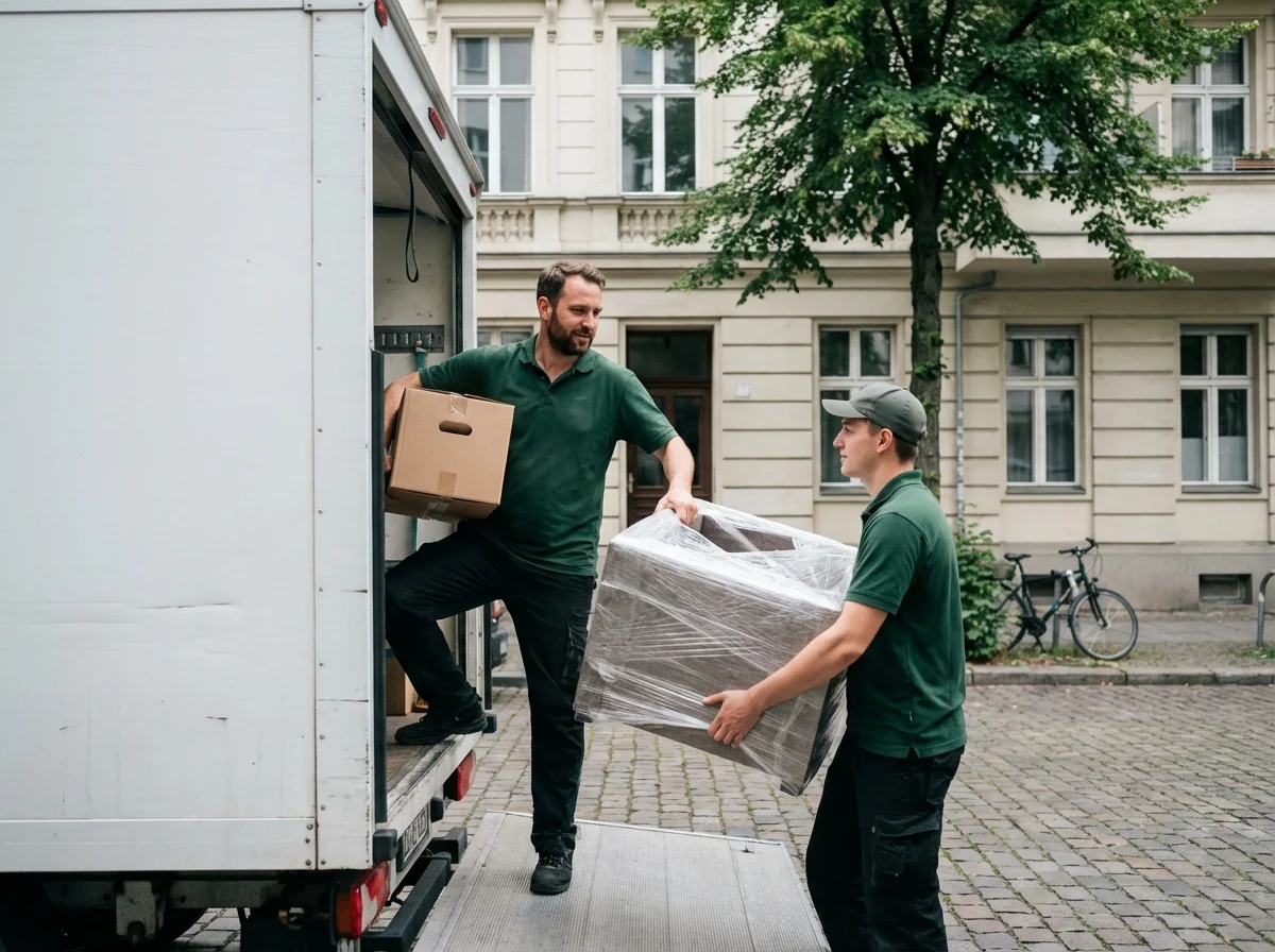 Umzugshelfer tragen Möbel bei einem Privatumzug in Berlin